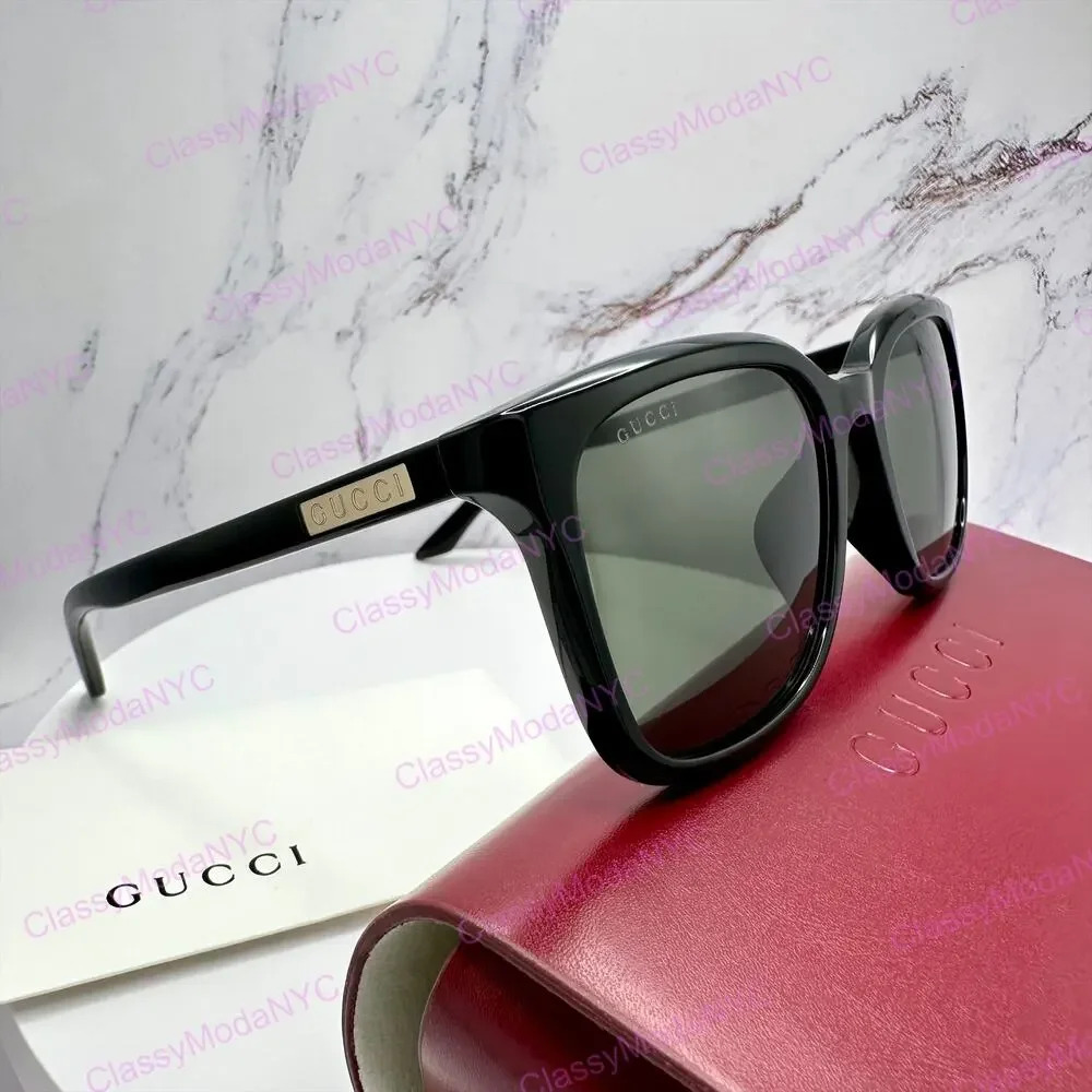 New GUCCI Sunglasses Black Square Acetate Gold Plaque Letter Logo 55-19-145 Mens